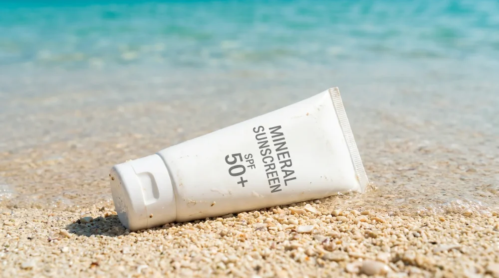Mineralische riffverträgliche Sonnencreme auf Sand an einem Strand der Kaiman-Inseln