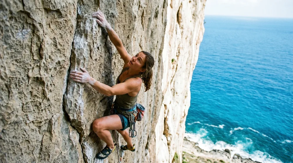Kletterer an einer schroffen Kalksteinwand auf Cayman Brac mit dem blauen Ozean weit unter ihm