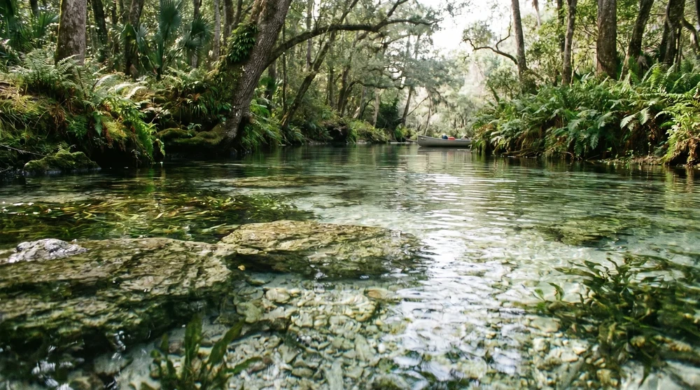 Crystal clear Rock Springs water with limestone riverbed and canoe floating through lush Florida forest