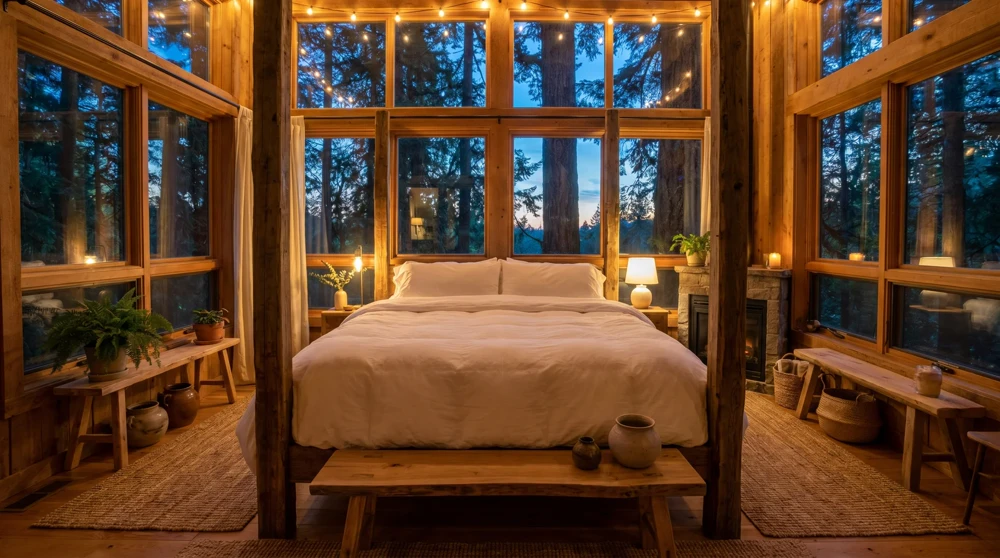 Romantic treehouse bedroom interior with panoramic forest views and modern organic decor.