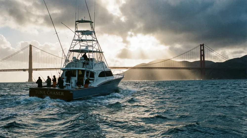 A professional fishing charter boat cruising in front of the Golden Gate Bridge in San Francisco
