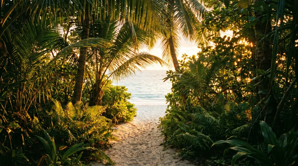 Narrow sandy path between lush tropical vegetation leading to white sand beach and calm turquoise Caribbean water