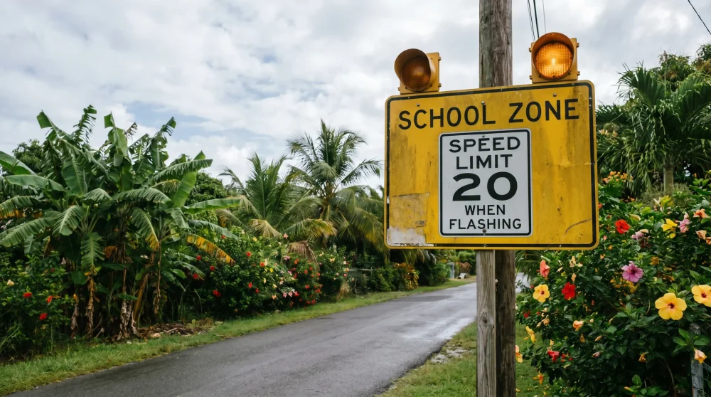 Beleuchtetes Schulzonenschild mit gelb blinkenden Lichtern an einer tropischen Karibikstraße