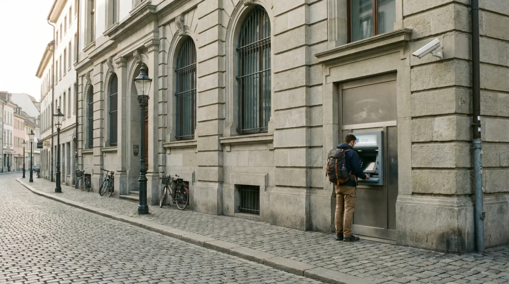 A secure ATM machine built into the stone wall of a reputable local bank branch