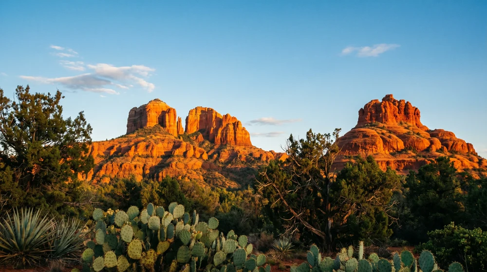 Red rock formations in Sedona Arizona under a clear blue sky during the winter season.