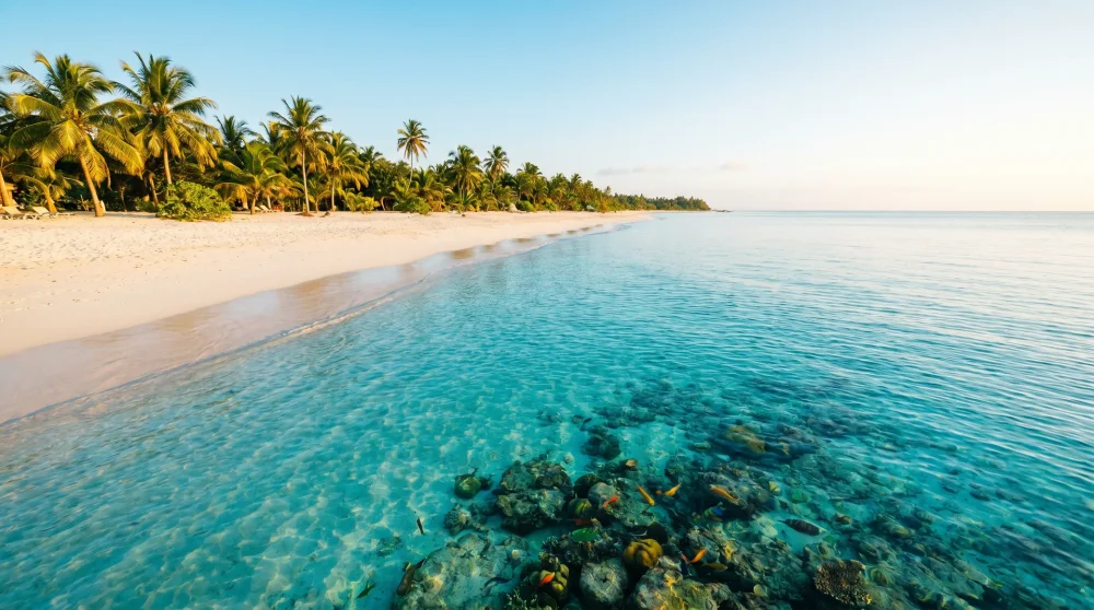 Weitwinkelperspektive auf den weißen Sandstrand mit ruhigem türkisfarbenem Wasser und flachem Riff unter der Oberfläche