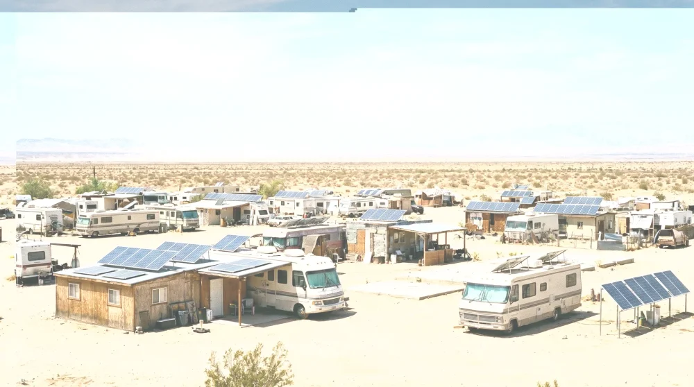 RV camps and off-grid shelters built on concrete slabs in the Sonoran Desert