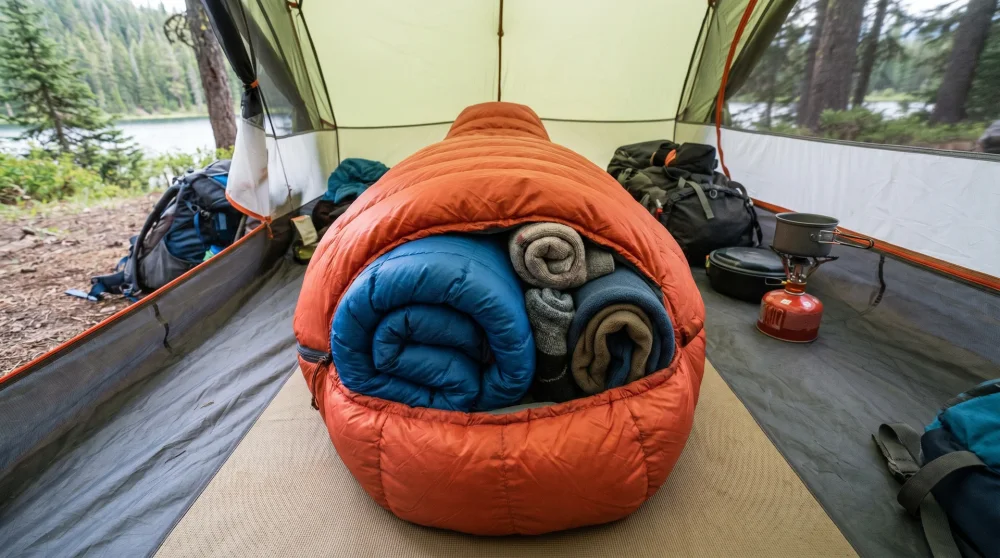 Down jacket and spare clothes stuffed into the foot section of a sleeping bag to eliminate dead air space