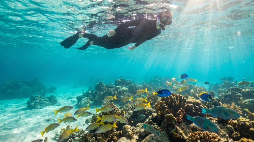 Schnorchler über einem flachen Korallenriff mit bunten Tropenfischen in kristallklarem karibischem Wasser