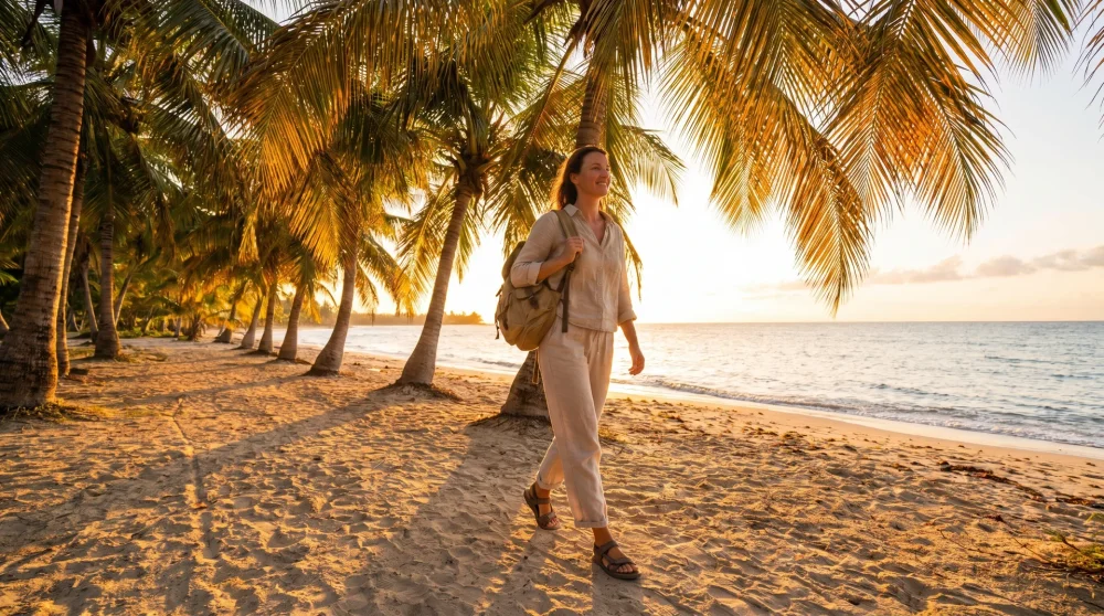 Solo female traveler walking along a palm-lined beach path in Grand Cayman at golden hour