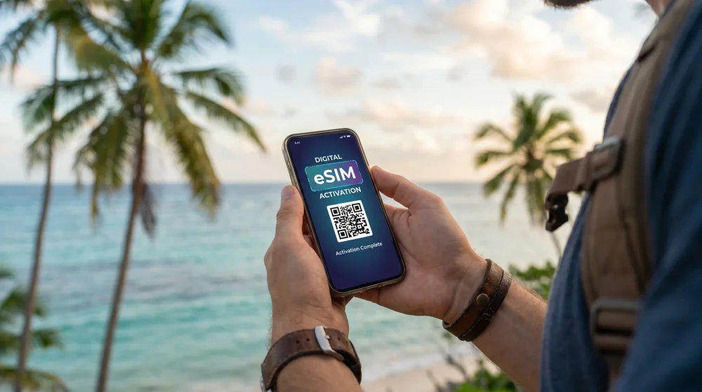 A traveler activating a digital eSIM on a smartphone with a tropical beach background in Southeast Asia