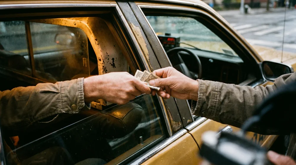 Passenger handing small cash bills to a taxi driver through the car window for a short fare