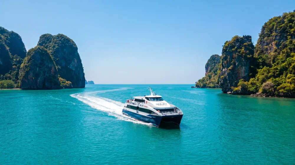 High-speed ferry traveling between tropical islands in Thailand under a clear blue sky