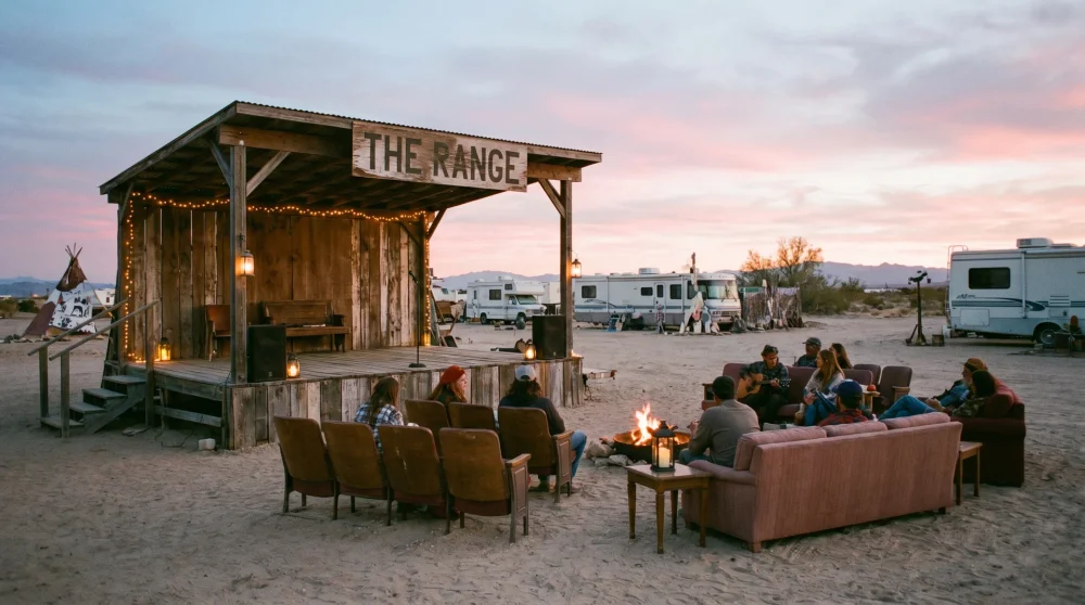 Outdoor music venue with old theater seats in the desert known as The Range in Slab City