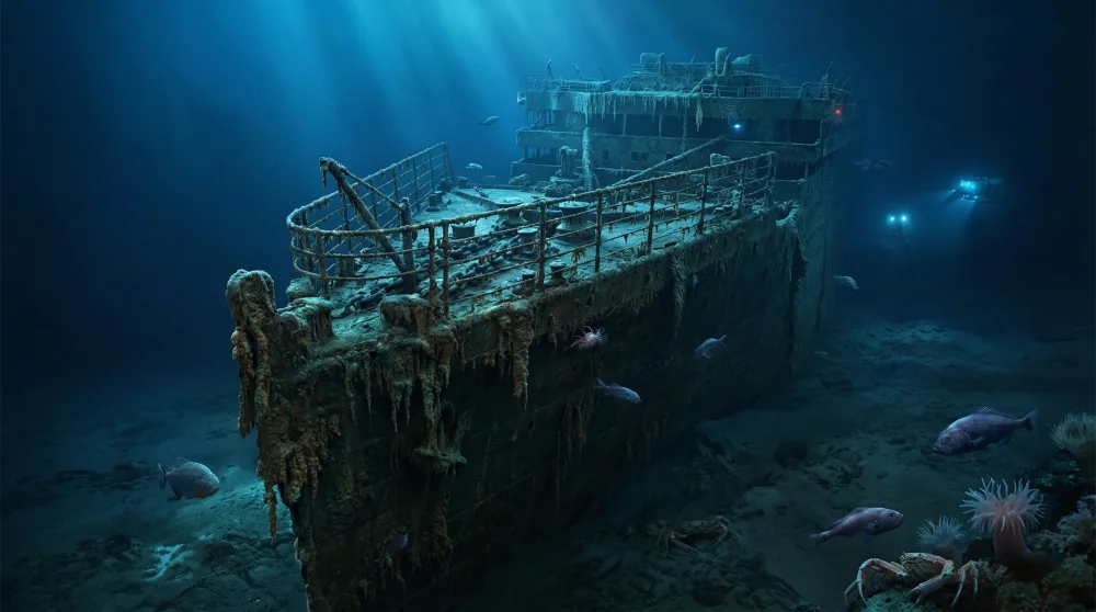 High resolution view of the Titanic bow section covered in rusticles on the North Atlantic ocean floor