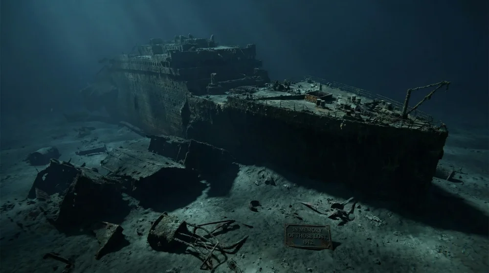 The severely damaged and collapsed stern section of the Titanic wreckage on the seabed