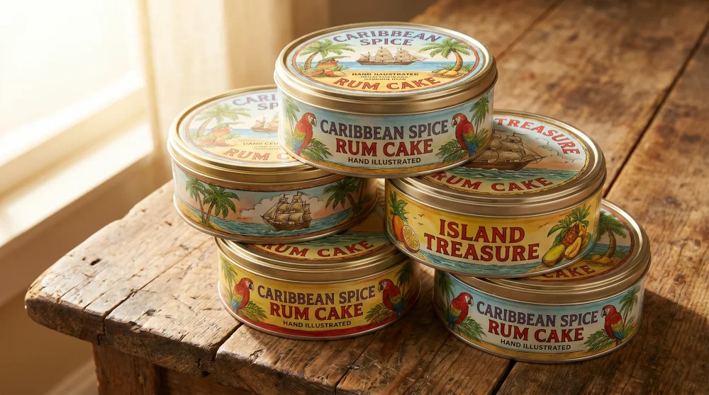 Stack of round rum cake tins with tropical Caribbean label designs on a wooden surface