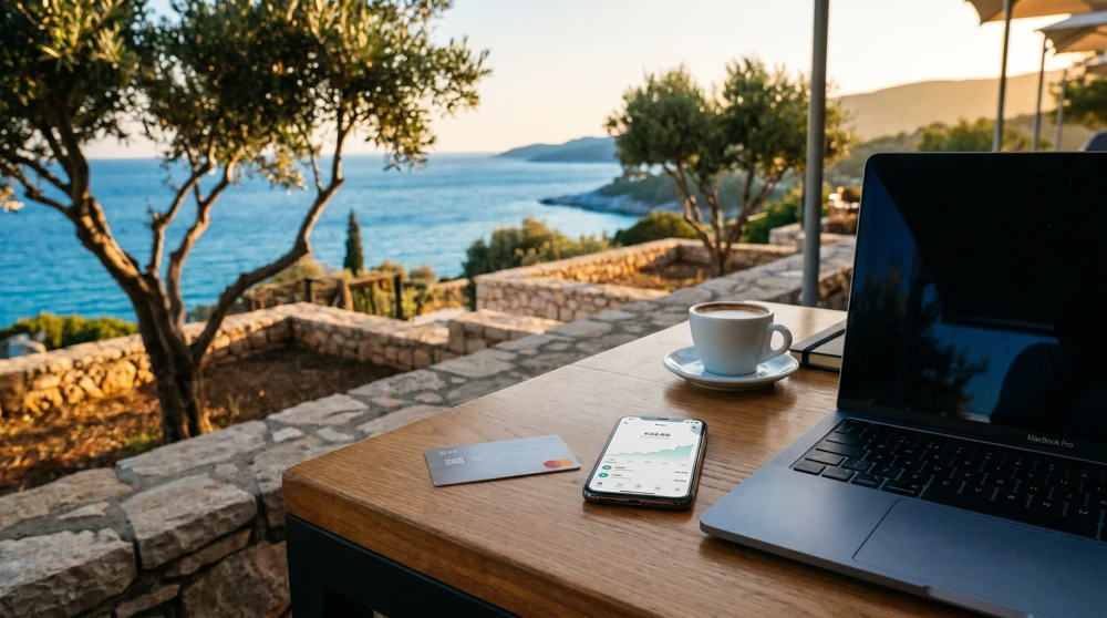 A modern multi-currency debit card and smartphone on a cafe table with a coastal view.