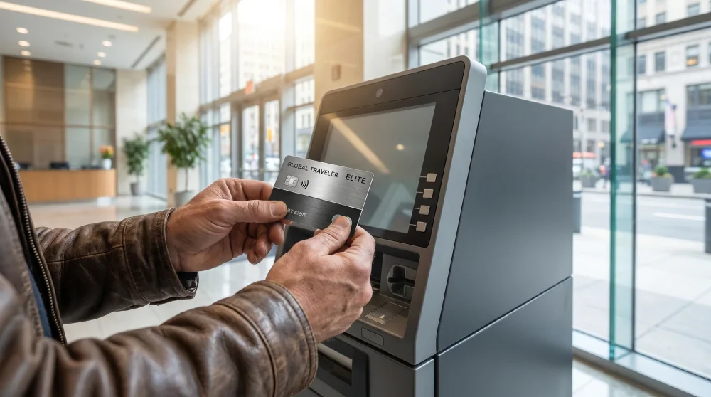 A person using a contactless travel debit card at a secure bank-affiliated ATM lobby