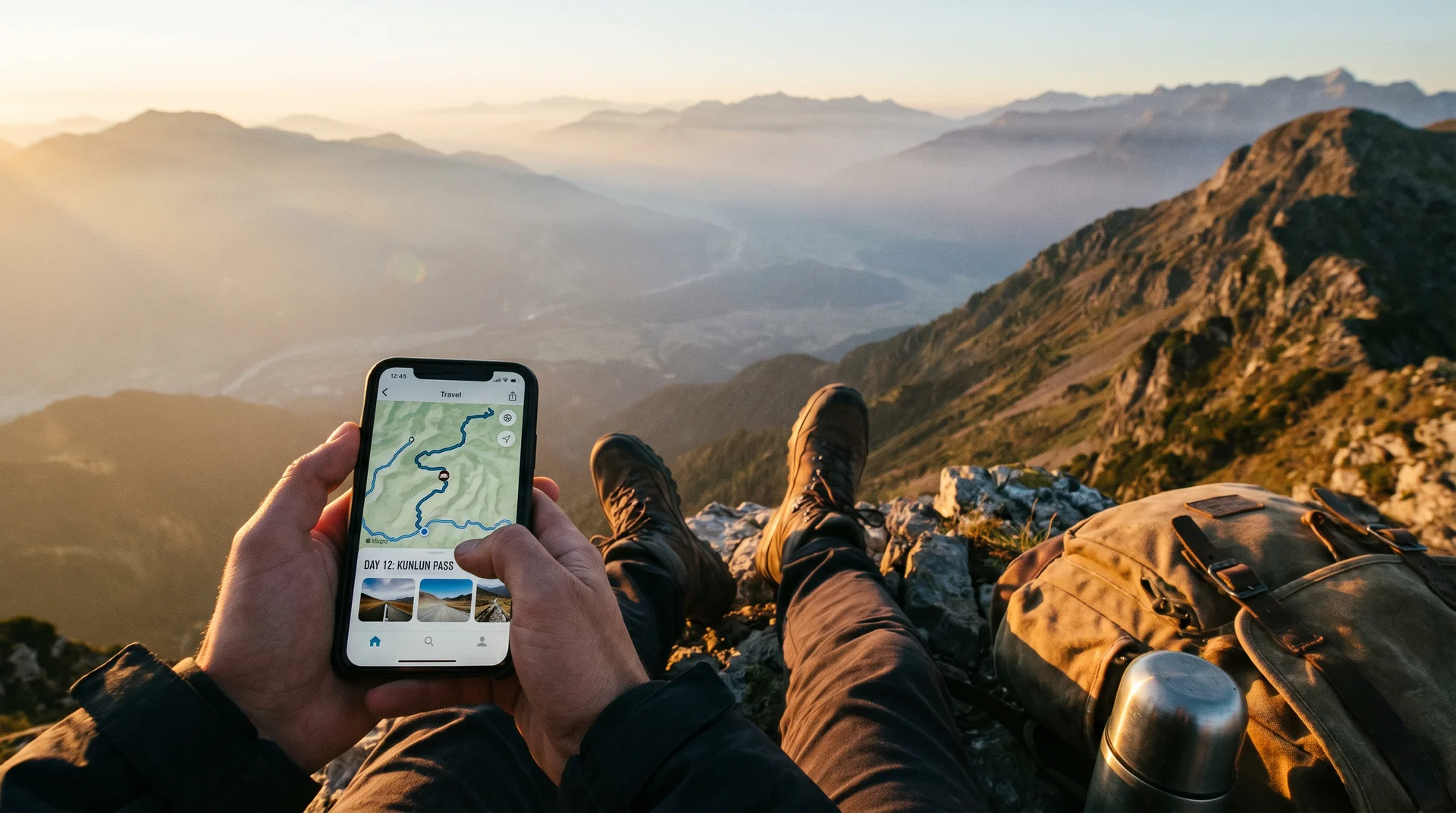 A traveler viewing a digital route map and travel journal on a smartphone with a mountain view.