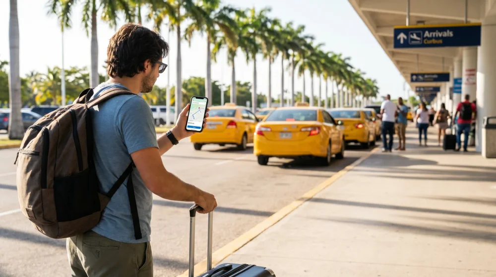 Reisende am Flughafenbordstein auf den Kaiman-Inseln nutzt eine Mitfahrapp auf dem Smartphone, während Taxis warten