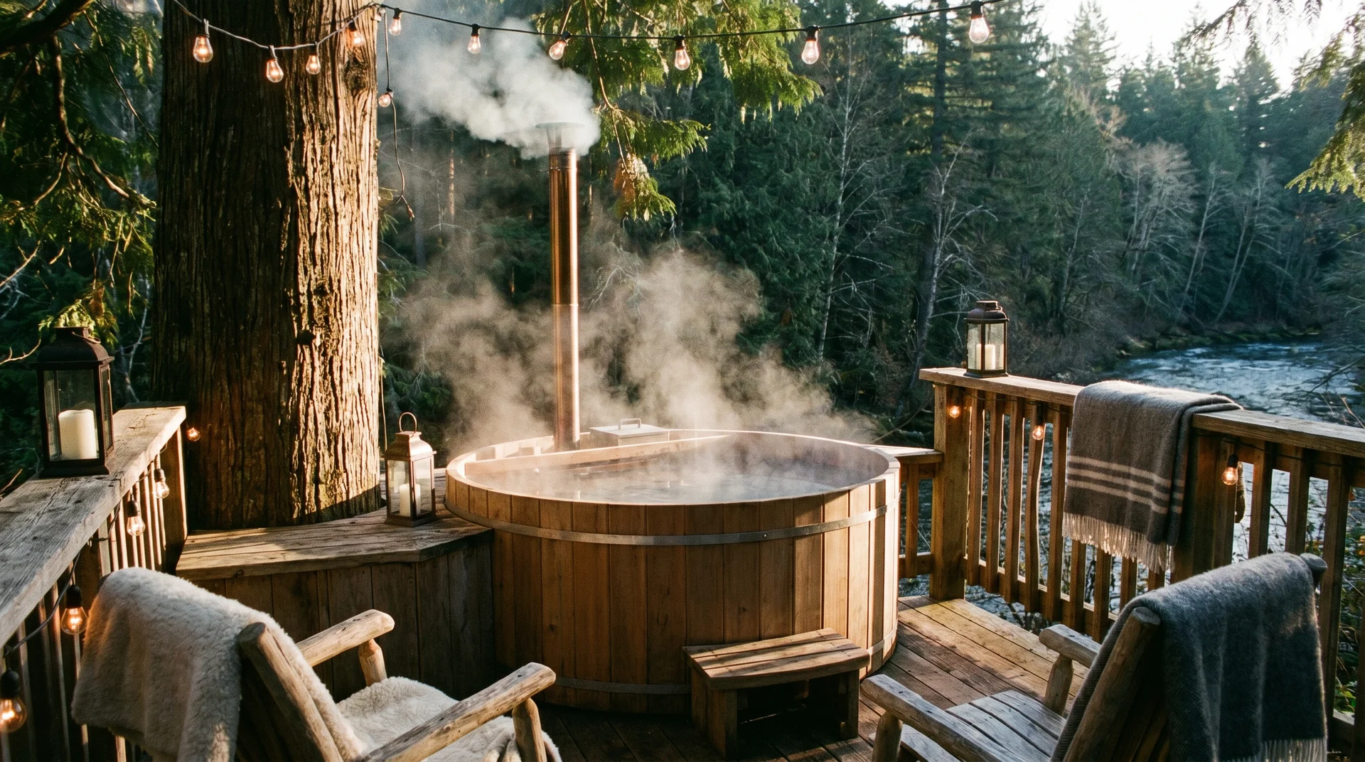 Steaming wood-fired cedar hot tub on a private treehouse deck in a secluded forest setting.