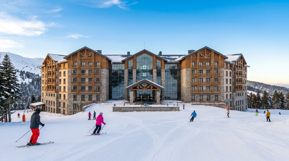 Uludag Grand Mountain Lodge hotel exterior surrounded by pine trees and skiers on the slopes