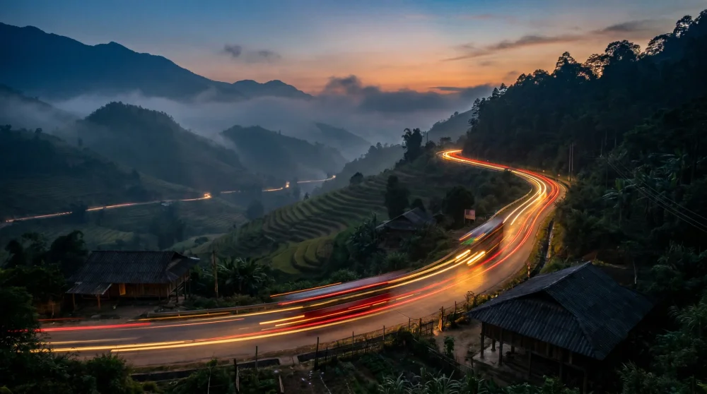 A night bus traveling through the misty mountains of Vietnam at sunset