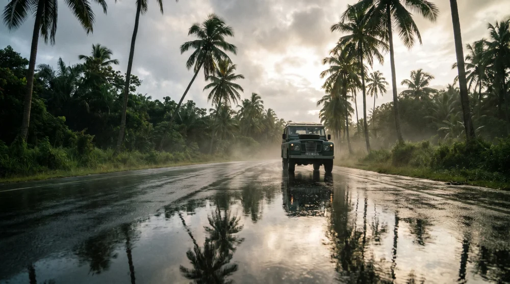 Nasse tropische Straße mit Palmenspiegelung nach einem Regenschauer auf Grand Cayman