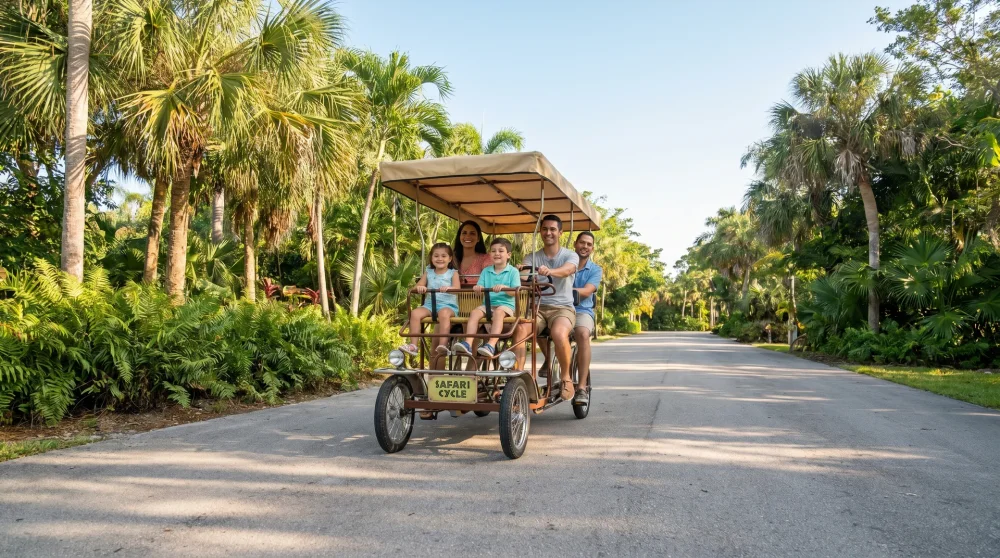A family enjoying a shaded Safari Cycle rental bike on the paved trails of Zoo Miami.