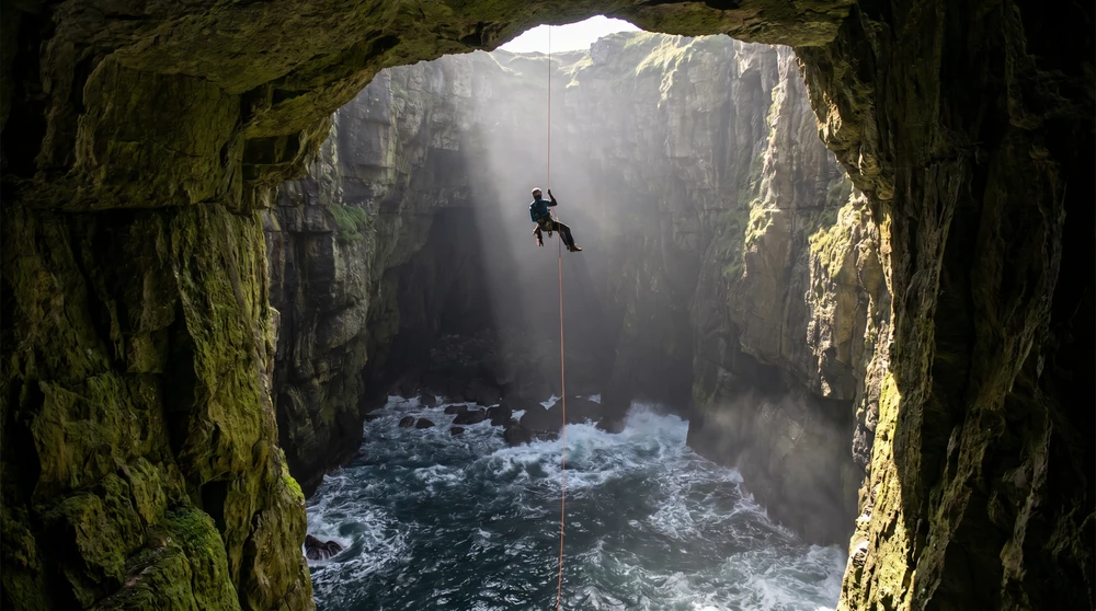 Climber abseiling down a rope into a vast limestone sea cave lit by daylight
