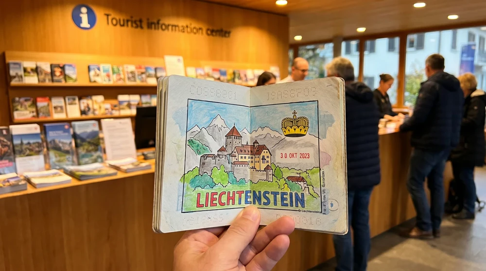 Hand holding passport open to the Liechtenstein souvenir stamp, available free with the Adventure Pass at the Liechtenstein Center