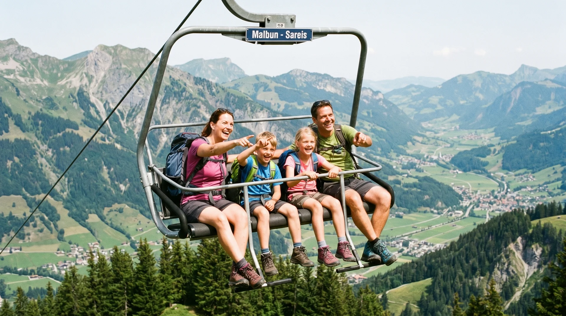Family riding the Sareis chairlift in Malbun Liechtenstein with panoramic alpine views below