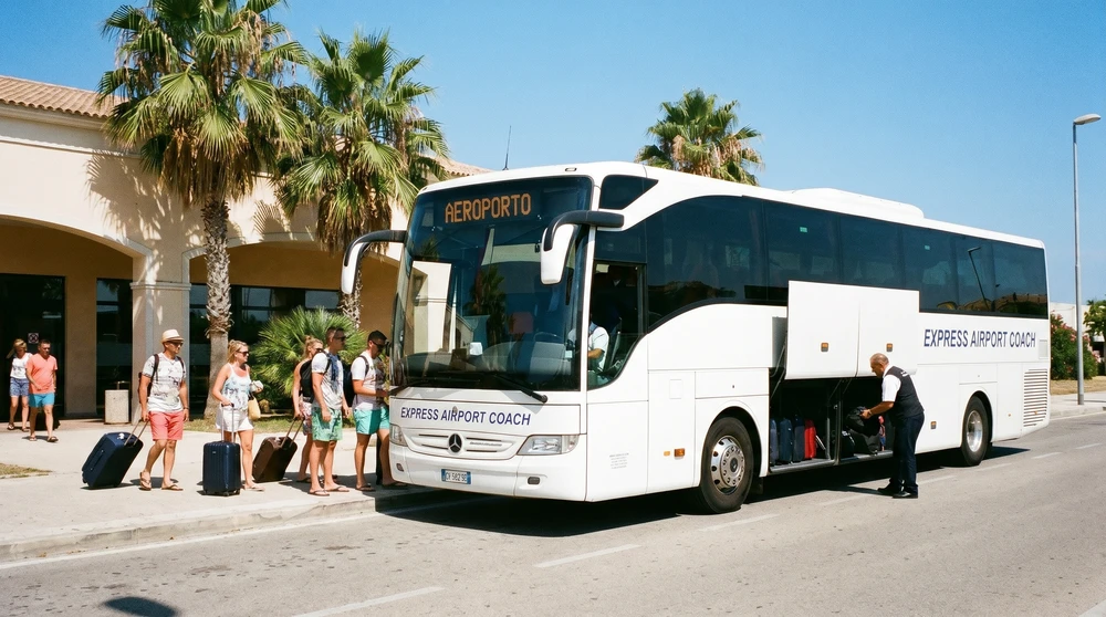 Reisende mit Gepäck steigen an einem sonnigen Mittelmeerflughafen in einen modernen Expressbuss ein