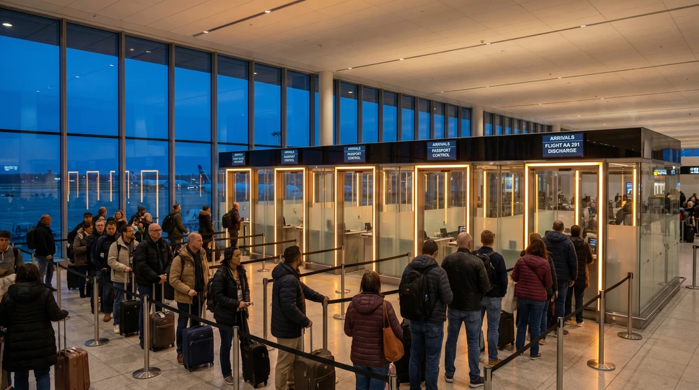 Reisende warten an modernen Glas-Passkontrollschaltern in einer Flughafen-Ankunftshalle