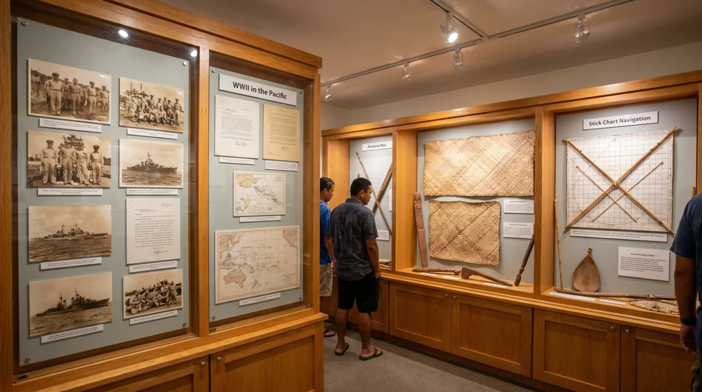 Innenansicht des Alele Museums in Majuro mit WWII-Fotografien und Dokumenten der marshallischen Kulturgeschichte