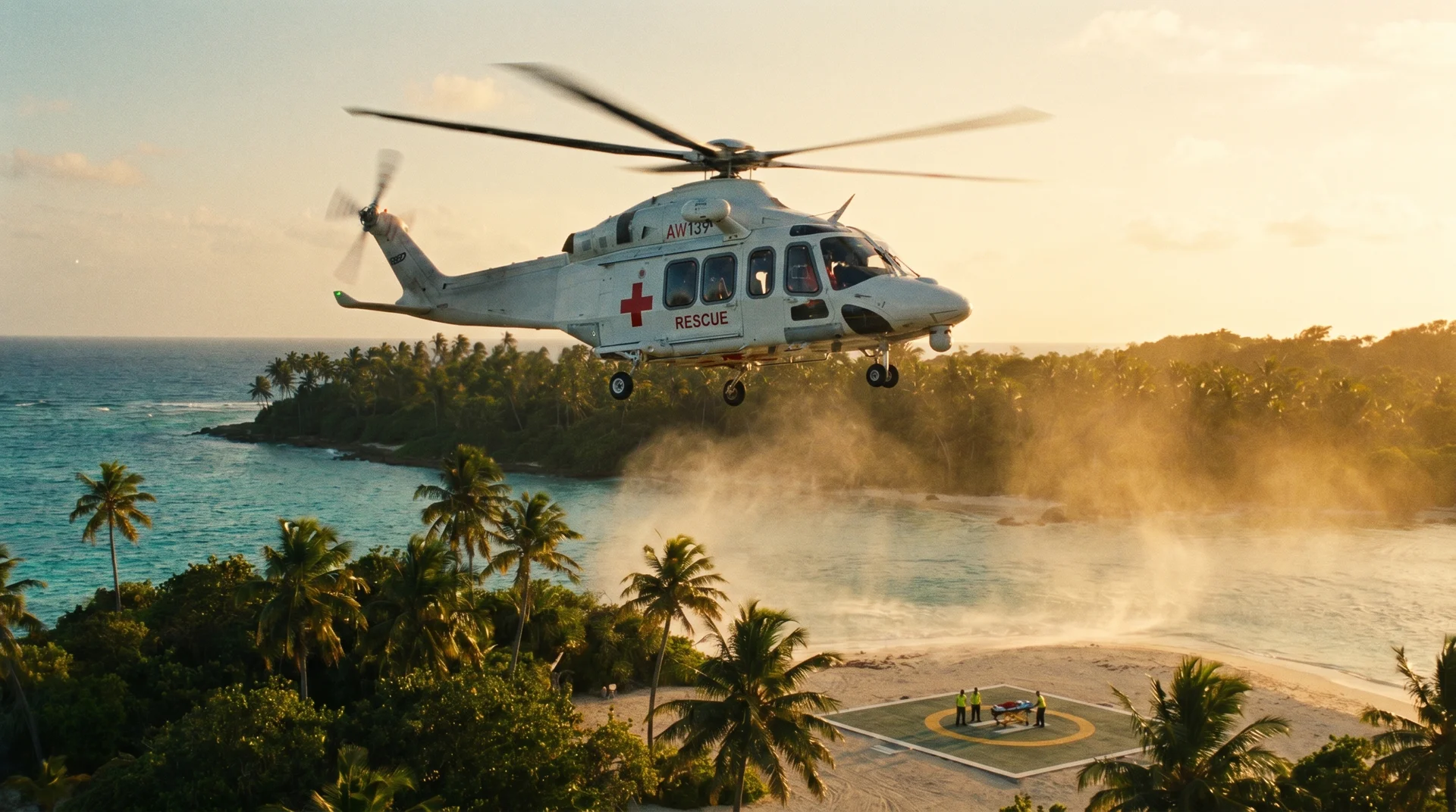 Rettungshelikopter im Landeanflug über einer tropischen Küste Jamaikas bei Sonnenuntergang