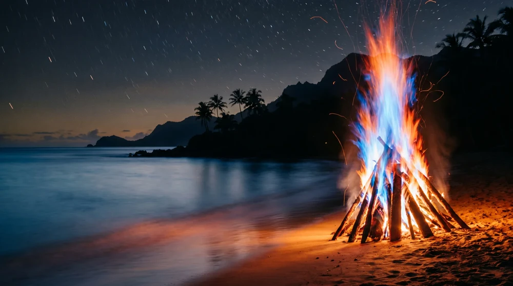 Großes Freudenfeuer mit blauen Flammen am Strand von Nauru bei Nacht während der Angam-Day-Feierlichkeiten 1932