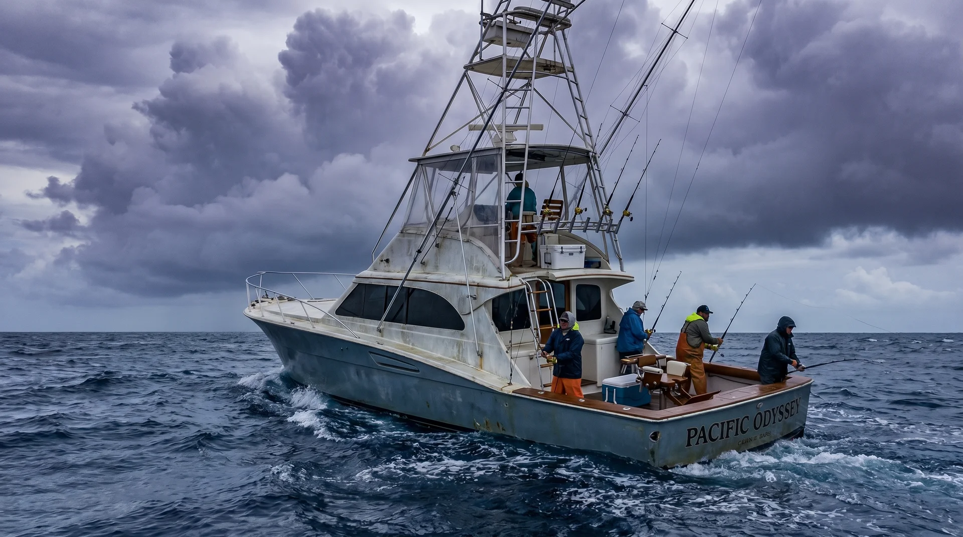Deep-sea game fishing charter boat operating in Pacific waters off Anibare Bay, Nauru