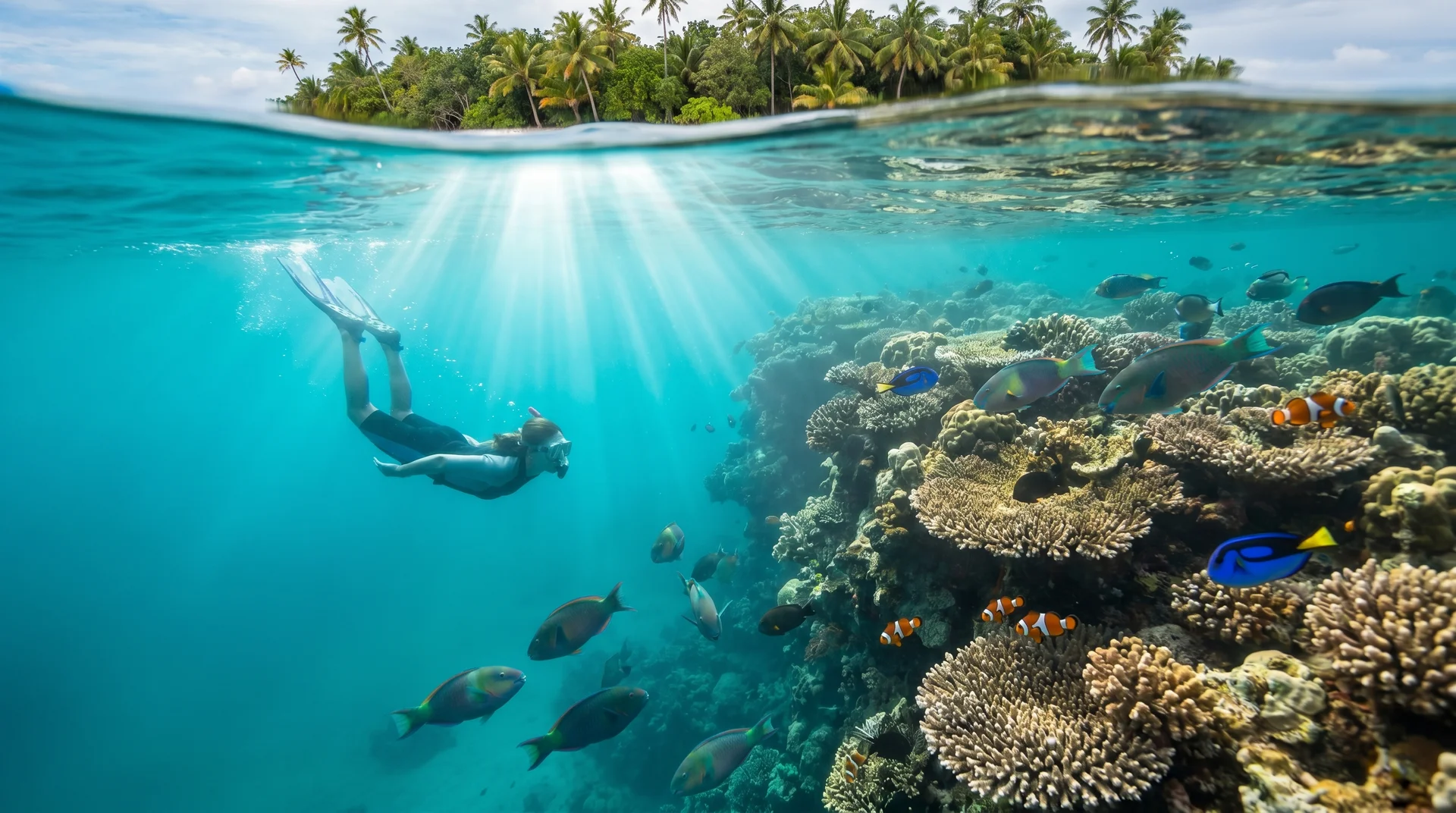 Snorkeling at the reef edge near Anibare Bay, Nauru, with clear Pacific water visibility