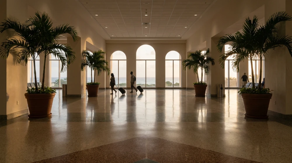 Quiet arrivals hall interior at Robert L Bradshaw International Airport St Kitts