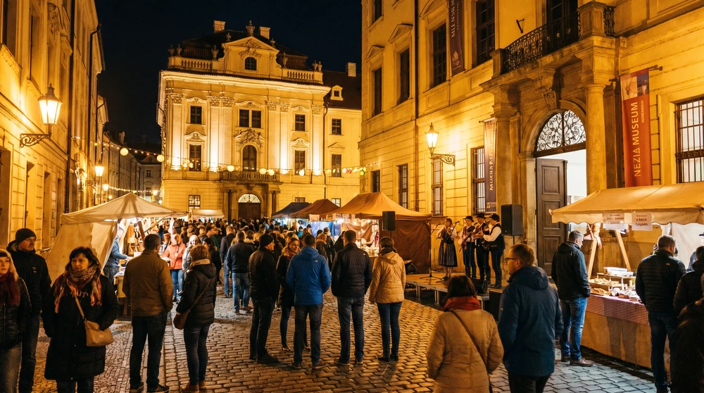 Historische Altstadtstraßen leuchten nachts während eines herbstlichen Kulturfestivals mit beleuchteten Palästen und Museen