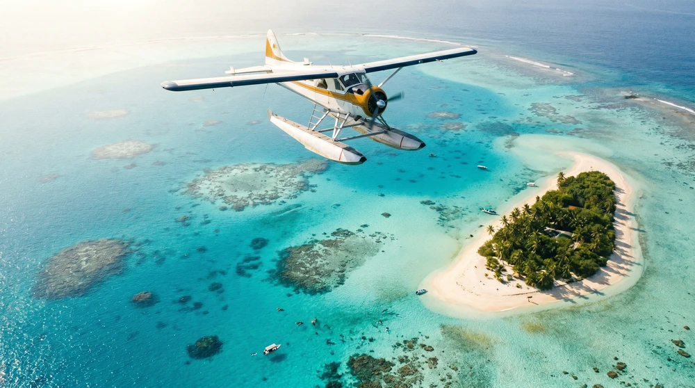 Seaplane approaching a Baa Atoll island over turquoise water in the Maldives