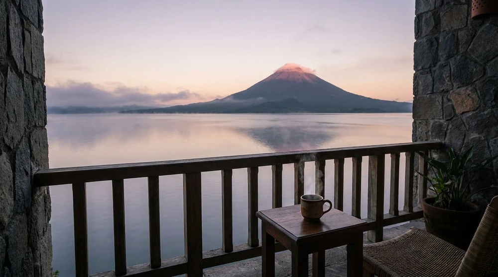 Open hotel balcony at dawn looking across a calm channel toward a volcanic peak in lavender light.
