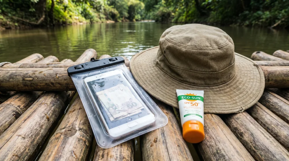 Essential gear for bamboo rafting in Jamaica: waterproof phone pouch, cash, sunscreen, and water shoes