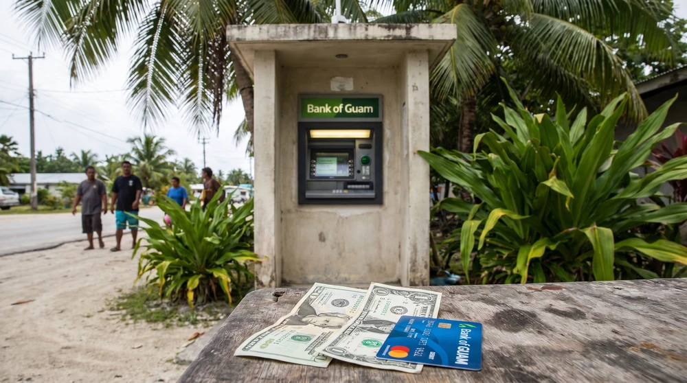 The Bank of Guam ATM exterior in Majuro surrounded by tropical vegetation, with US dollar bills and a debit card visible in the foreground. This is one of the few ATM locations available on the island.