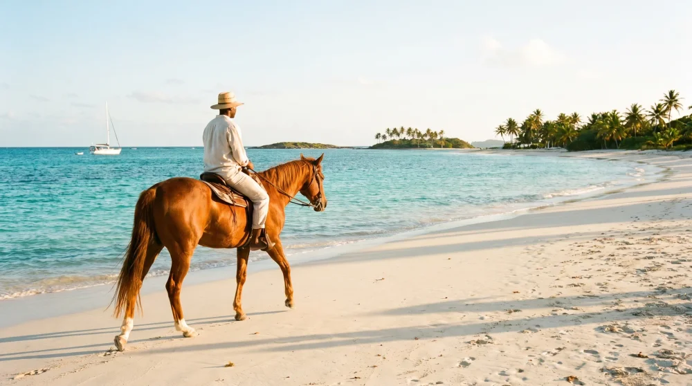 Horse and rider on Barker's Beach in Grand Cayman with Caribbean Sea in the background