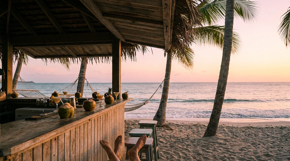 Offene strohgedeckte Strandbar am Pinney's Beach bei Sonnenuntergang mit Kokoscocktails, Palmen und leuchtend rosa Himmel.