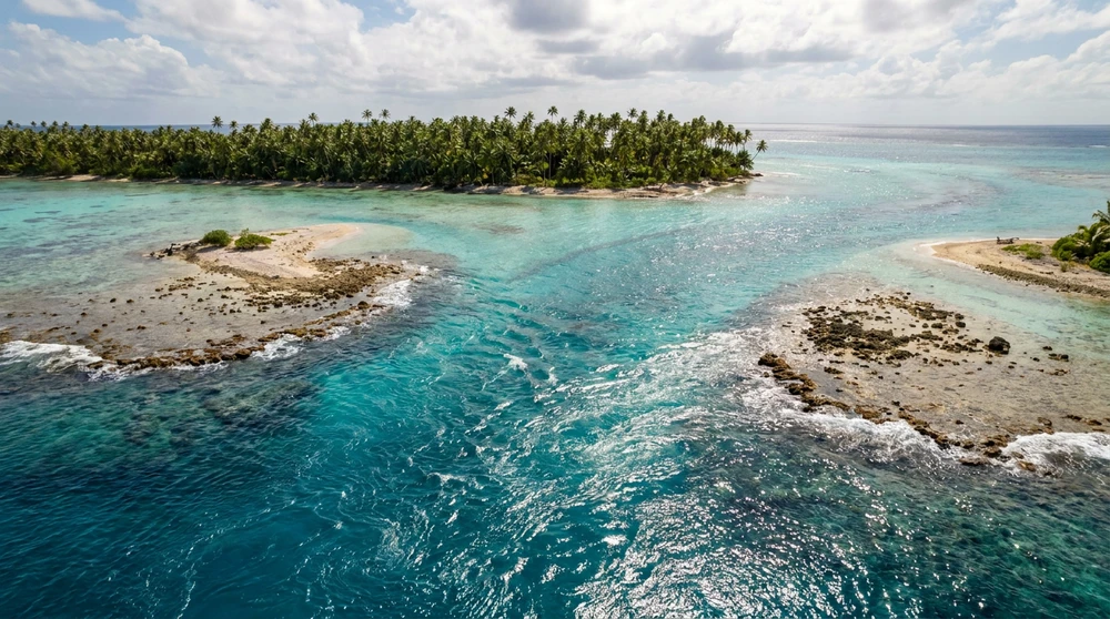 Welle bricht über den Riff-Pass bei Beran Island auf den Marshall-Inseln