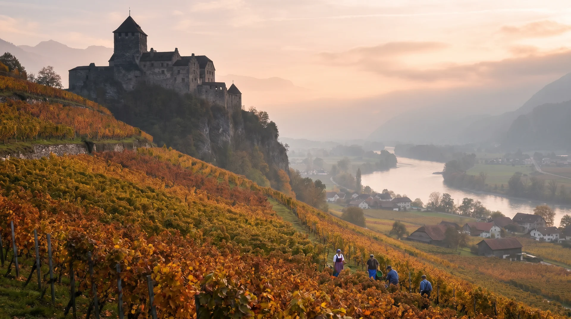 Autumn vineyards with orange foliage below Vaduz Castle on the hillside above the Rhine Valley in Liechtenstein